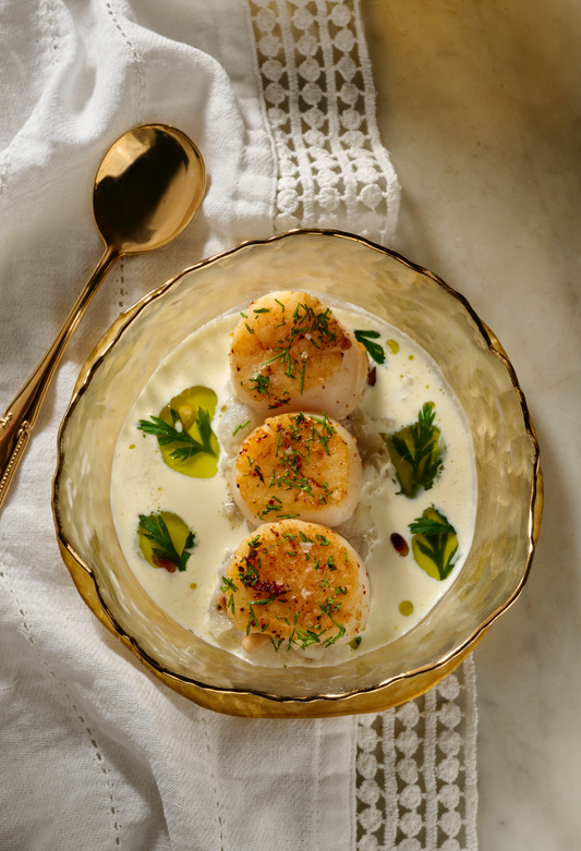 Noix de Saint-Jacques, topinambour, crème de vin blanc et huile de fanes
